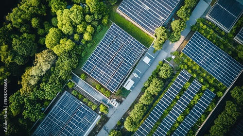 An aerial view of a solar panel farm surrounded by lush green trees and modern infrastructure