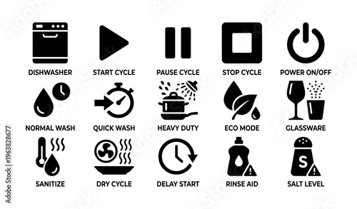 Dishwasher icon set: cycle controls and settings for efficient cleaning