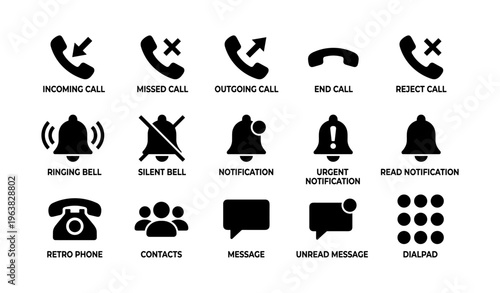 Communication icons: phone calls, notifications, messages, and contacts symbols