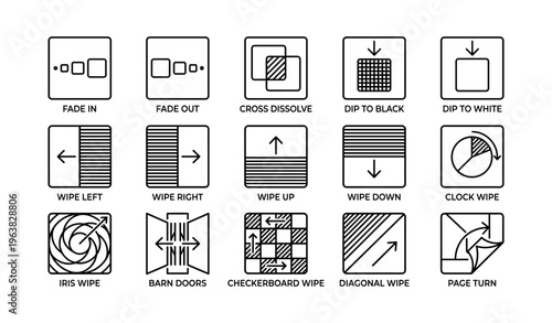 Various iconic film transition symbols including fade, wipe, and dissolve techniques