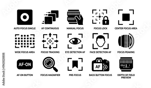 Camera focus modes and features icons set for photography