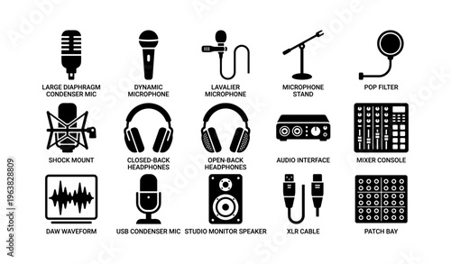 Audio equipment icons: microphones, headphones, mixer, cables, and accessories