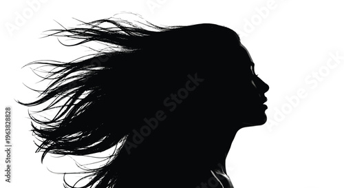 Striking vector graphic of a woman's silhouette, her long hair dynamically blowing in the wind.