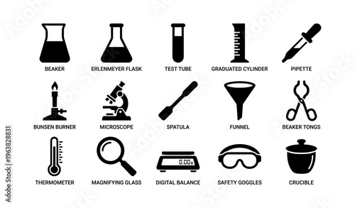 Essential laboratory equipment icons: beaker, microscope, safety goggles, test tube, pipette