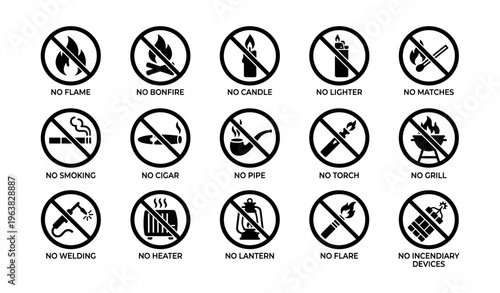 Safety icons: no flame no smoking no grilling warning signs