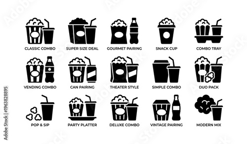 Black and white beverage popcorn icons with various snack combinations