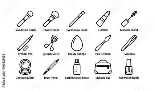 Cosmetic tools icon set: brushes, sponge, lipstick, eyeliner, tweezer