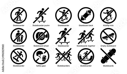 Skateboarding safety icons: symbols for skateboarders, gear, tricks, and prohibitions
