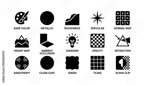 Icons of 3d material properties: base color, roughness, specular, emission, opacity
