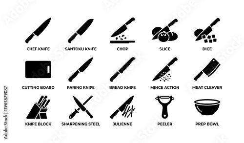 Set of kitchen utensil icons: knives, cutting board, peeler, bowl