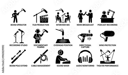 Audio production icons set: microphones, film, interview, podcast, sound