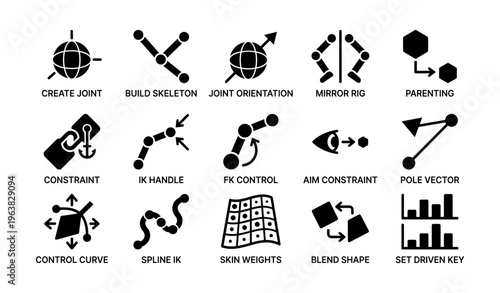 Icons for 3d animation tools: create joint, mirror rig, skin weights, control curve