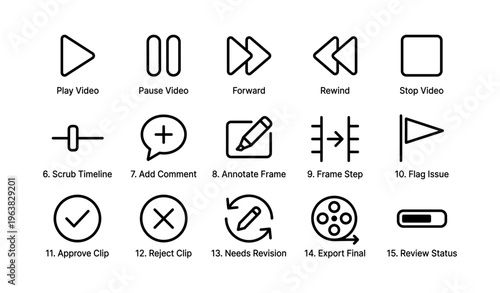 Multimedia editing icon set for video control and annotation tasks