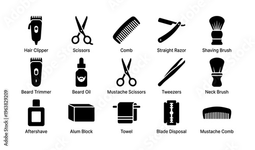 Barber tools icons: clipper, scissors, comb, razor, brush, trimmer