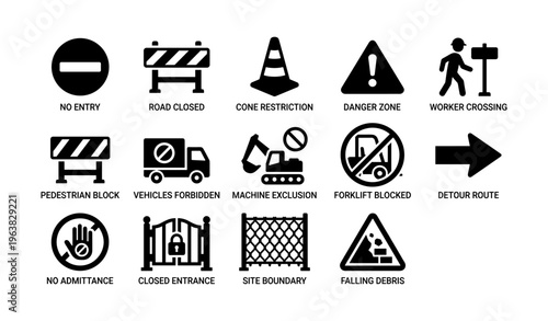Traffic and construction warning signs: safety symbols and directions