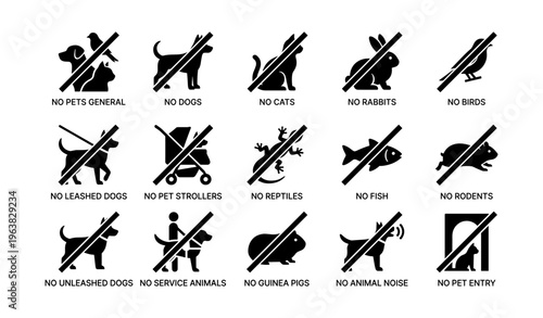 Prohibited pet symbols: dogs cats reptiles birds fish rodents