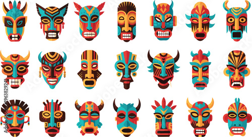Tribal mask collection with colorful ethnic and ritual face designs, African style decorative masks set isolated on white background for cultural and artistic illustration