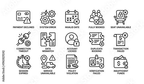 Collection of 16 payment system error icons indicating various transaction failures