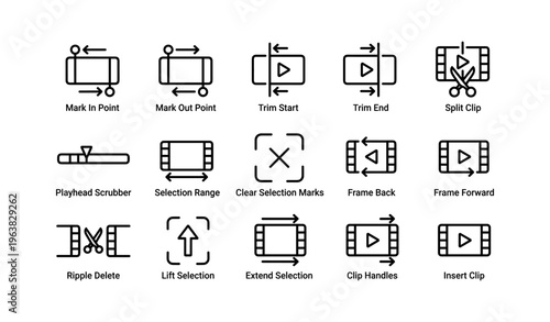 Video editing icons: playhead, trim, split, ripple, insert functions illustrated