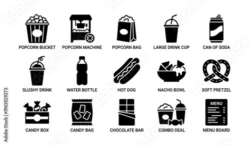 Icon set of cinema snacks and drinks featuring popcorn, soda, nachos, candy, pretzel, and hotdog