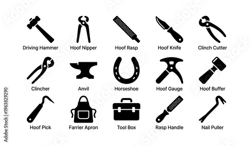 Illustration of farrier tools set for horse hoof care and maintenance