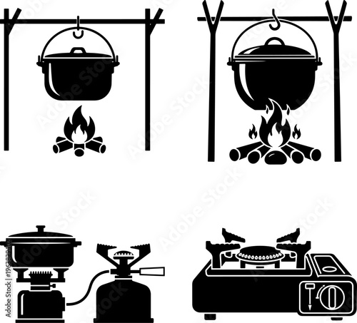 Black silhouettes of various camping and portable cooking stoves and pots on fire  isolated on white background