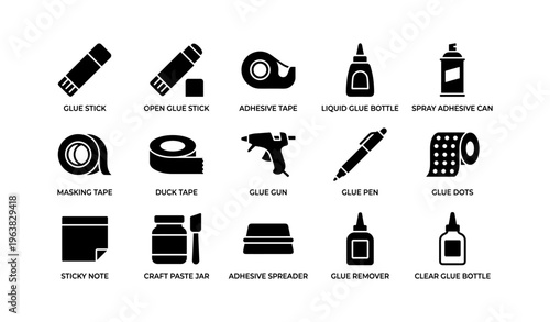 Black silhouette icons of various adhesive tools