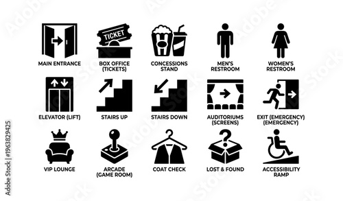 Theater amenities guide with symbols for restrooms, concessions, and accessibility