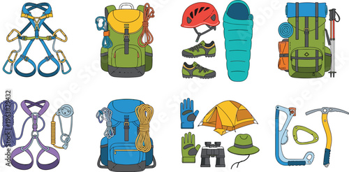 Hiking and camping equipment collection with backpack, rope, helmet, tent and climbing gear, outdoor adventure travel kit vector set isolated on white background