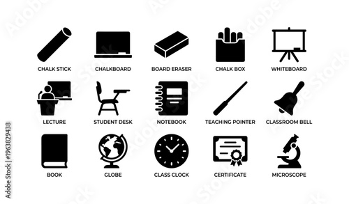 Educational icons set: classroom tools and learning equipment in black and white