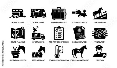 Horse transport icons: trailers, crates, vet checks, gps, ventilation, stress management
