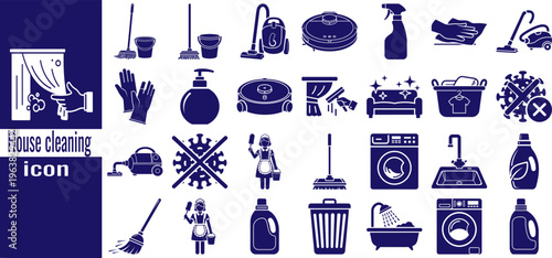 House cleaning icons set with various tools and equipment for cleaning purposes