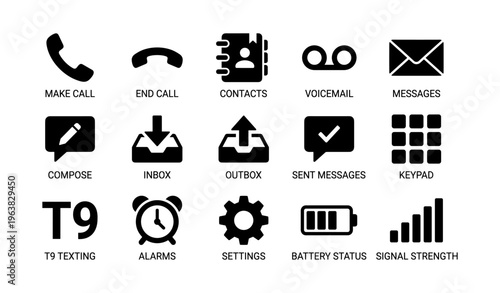 Mobile phone interface icons: communication, contacts, messaging, settings, functionality