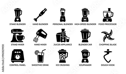 Kitchen appliances icons: blenders, mixers, juicer, food processor, chopping blade