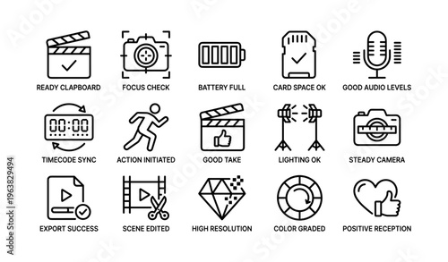 Video production icons with clapperboard, camera, battery, and microphone symbols