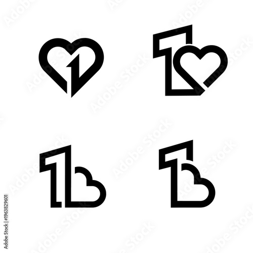 Number 1 and Heart Logo Design Set, Minimalist Graphic Symbol Collection for Love and First Place Concepts