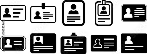 Various ID card and badge icons with user profiles and text lines