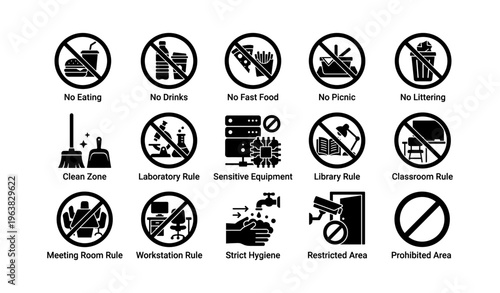 Prohibited activities and safety rules icons set