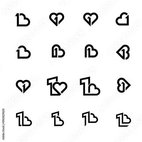 Collection of Creative Number 1 and Letter B Logos with Heart Elements Design Set