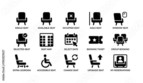 Airline seat selection and booking icons for easy navigation