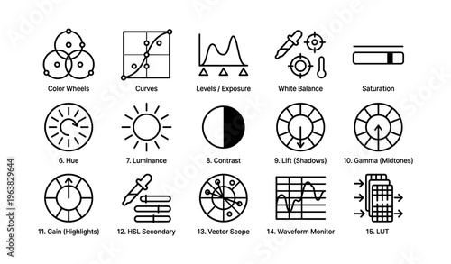 Color grading tools icons set for video and photo editing