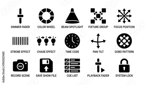 Stage lighting controls: dimmer, spotlight, focus position icons