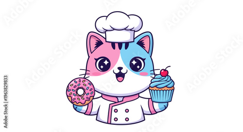 A cartoon cat chef holds a donut and cupcake in a colorful kitchen setting.