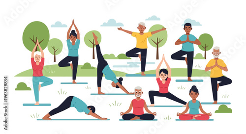 People of various ages and ethnicities practice yoga in a serene outdoor natural park environment.