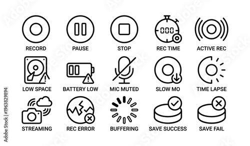 Recording interface icons: record, pause, stop, rec time, active rec