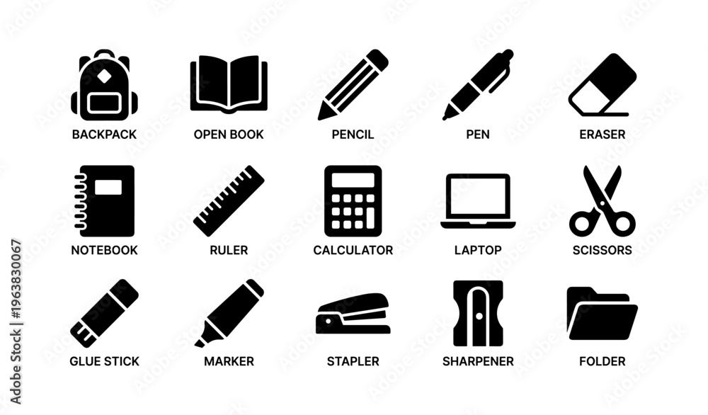 Fototapeta premium School supplies icons: backpack, books, writing tools, and more