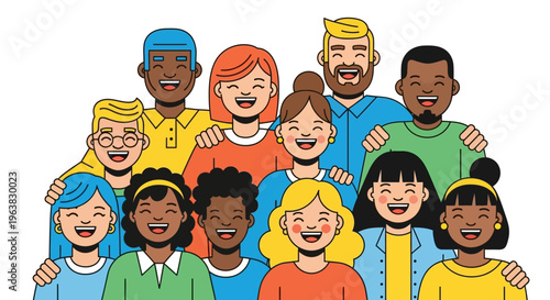 Diverse group of happy people standing together smiling in unity and friendship outdoors.