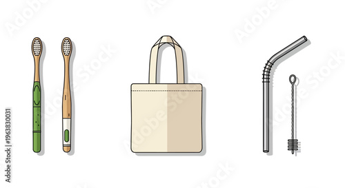 An illustration shows toothbrushes, a tote bag, and metal straws on a background.
