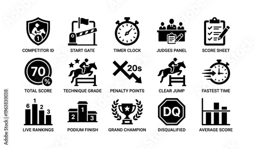 Equestrian event icons: competition, timing, scoring, achievement symbols