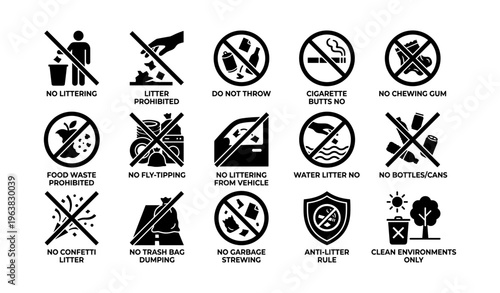 Collection of prohibition signs for littering and clean environment rules